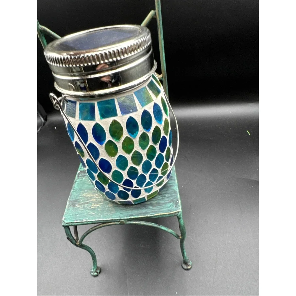 Solar Powered LED Light  Mason Glass Jar Mosaic Green Blue Coastal Cottagecore